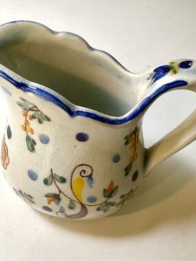 Vintage hand-painted Portuguese faience pottery, miniature pitcher 3”, 1940-50s